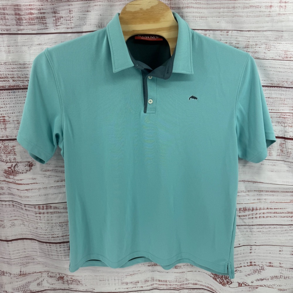 Simms Polo Shirt Mens Size XL Fishing Aqua Teal Performance Pique Short Sleeve